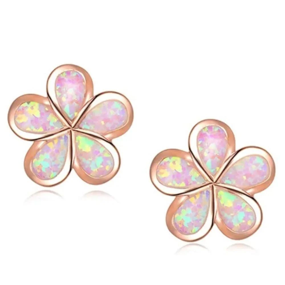 18K Rose Gold with Genuine Pink Fire Opal Flower Post Back Stud Earrings